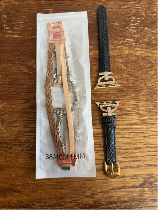 Unbranded Other - 2 Apple Watch Bands 38/40/41mm Boho Brown & Black Gold Rhinestone New